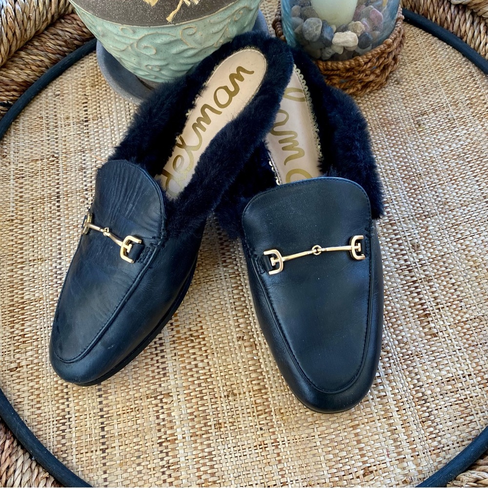 Sam Edelman “Linnie” Black Calf Leather Loafers Faux Fur Lined